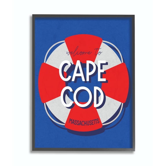 Stupell Industries Cape Cod Beach Coast Ocean Blue Red Word Design Framed Giclee Texturized Art by Daphne Polselli