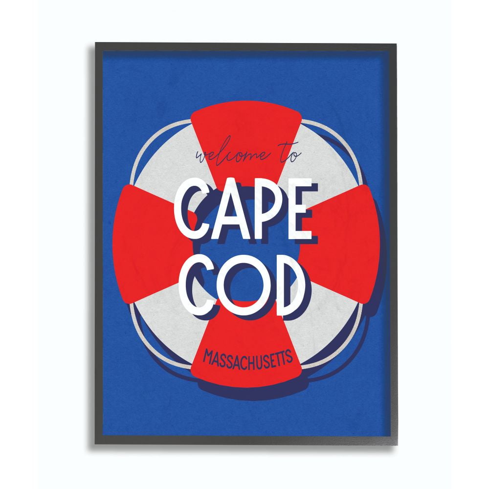Stupell Industries Cape Cod Beach Coast Ocean Blue Red Word Design Framed Giclee Texturized Art by Daphne Polselli