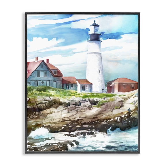 Stupell Industries Cape Cod Lighthouse Shore Black Framed Giclee Art design by Mauro Devereaux, 14 x 11