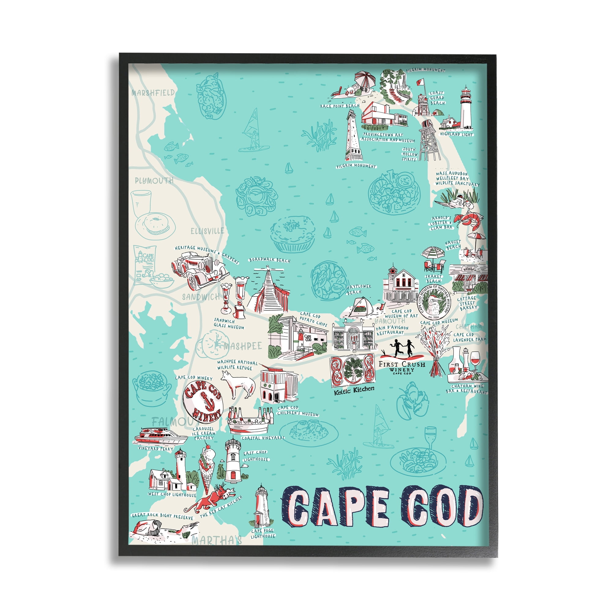 Stupell Industries Cape Cod Massachusetts Nautical Landmark Destination Map Black Framed by Ziwei Li