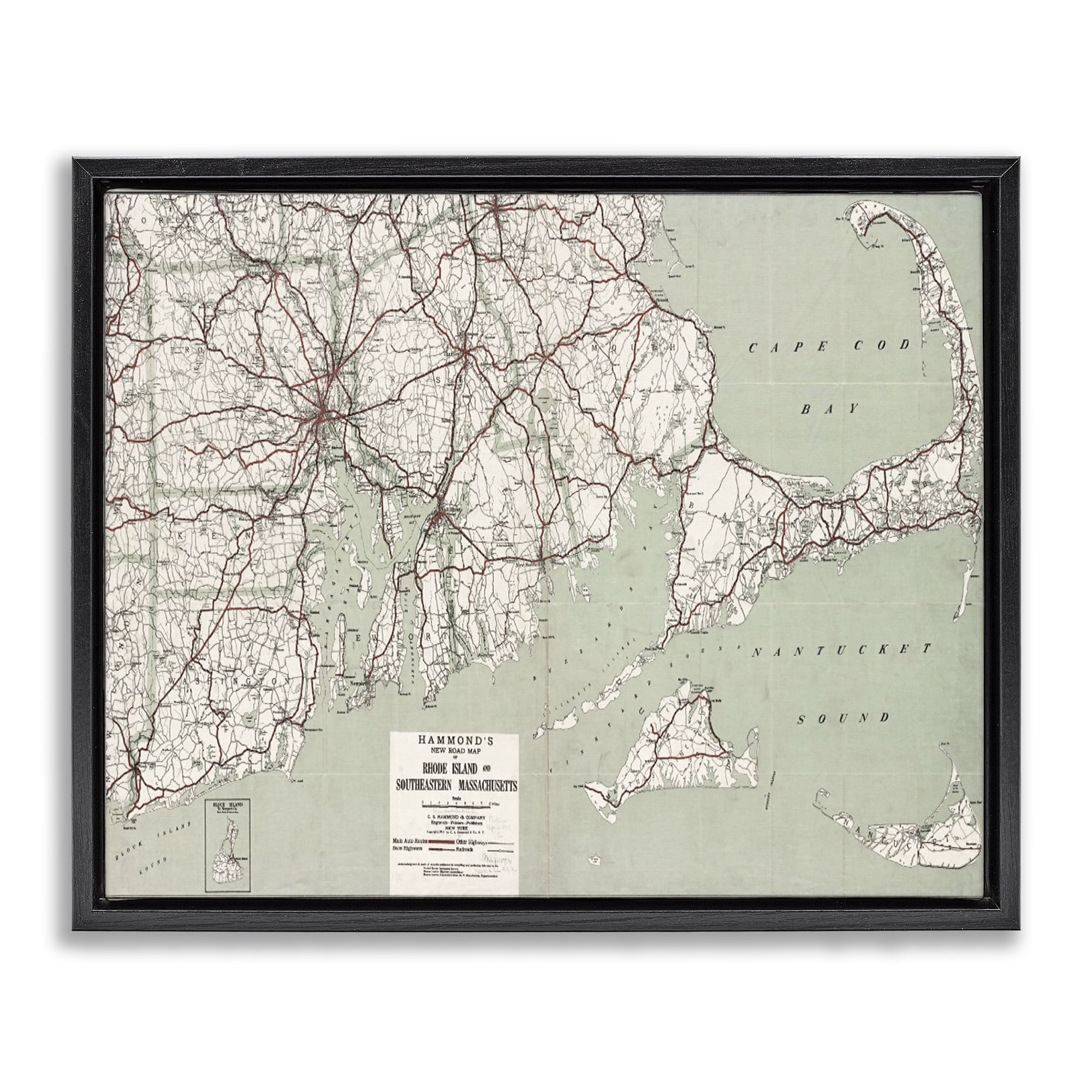 Stupell Industries Cape Cod & RI Map Cities & Countries Painting Black Floater Framed Canvas Art Print Wall Art, 31 x 25