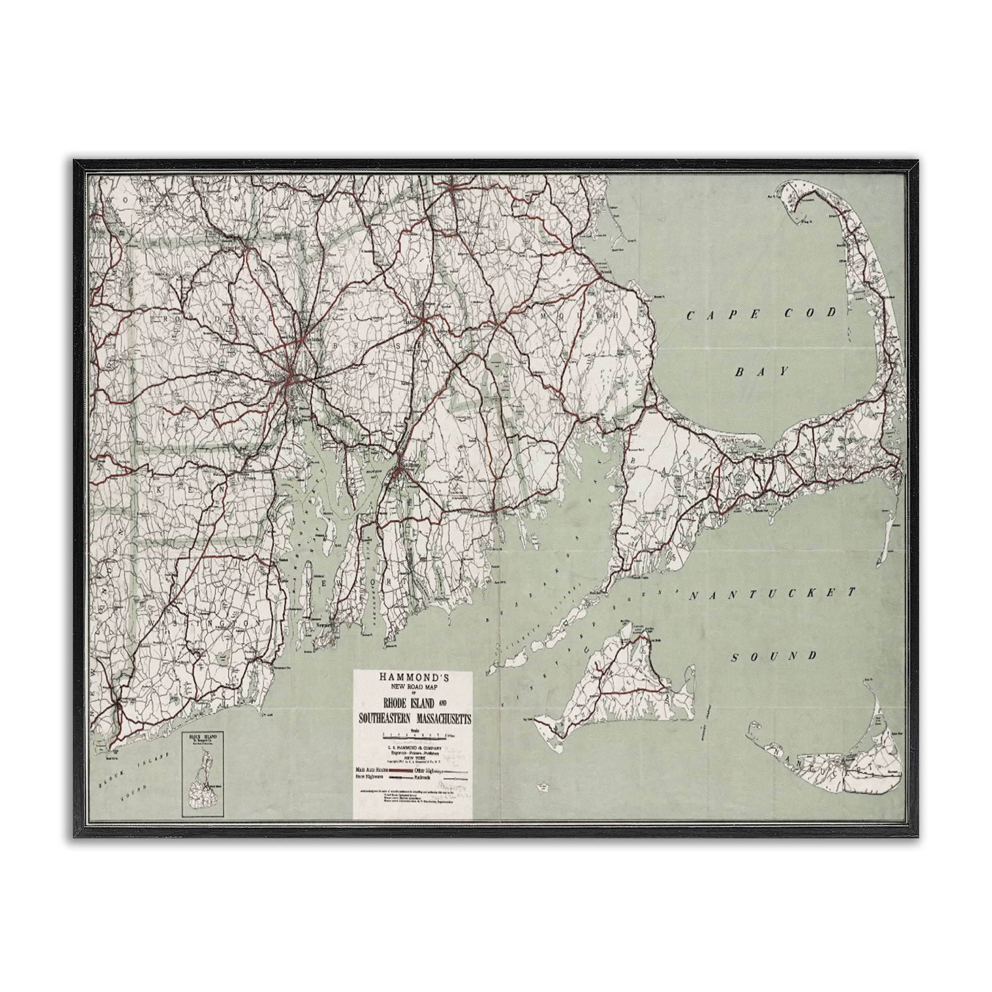Stupell Industries Cape Cod & RI Map Cities & Countries Painting Black Framed Art Print Wall Art, 30 x 24