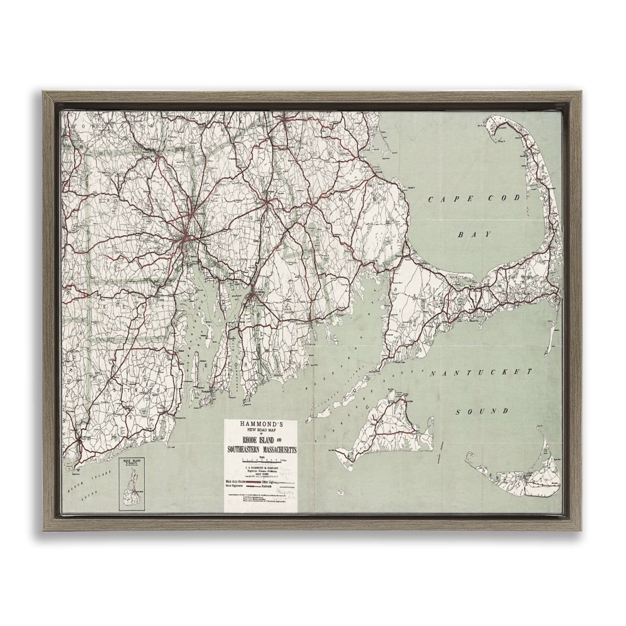 Stupell Industries Cape Cod & RI Map Cities & Countries Painting Brown Floater Framed Canvas Art Print Wall Art, 31 x 25