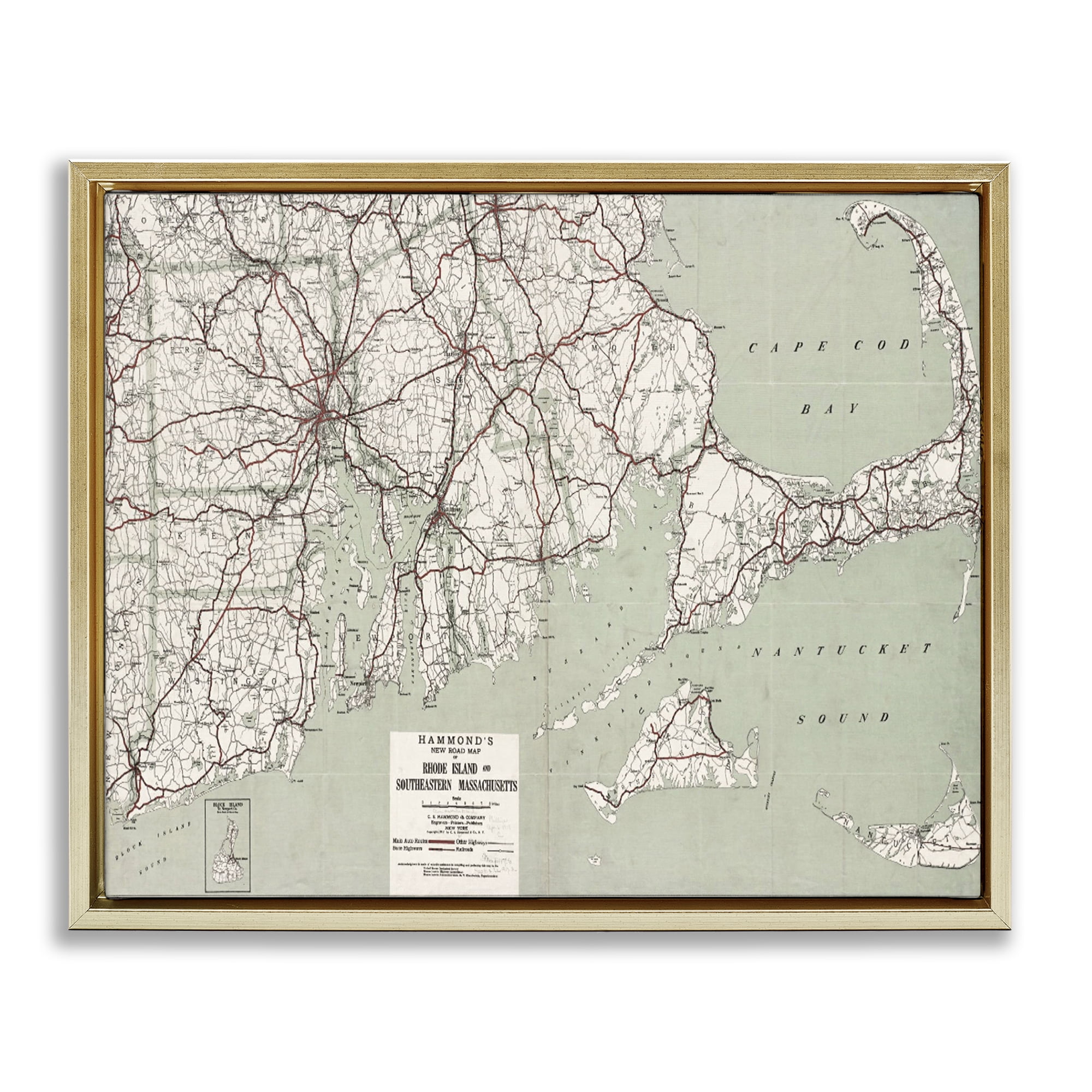 Stupell Industries Cape Cod & RI Map Cities & Countries Painting Gold Floater Framed Canvas Art Print Wall Art, 21 x 17