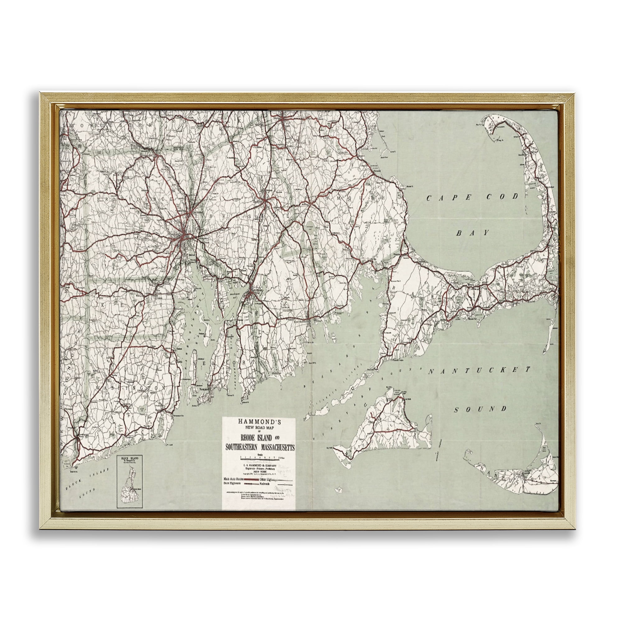 Stupell Industries Cape Cod & RI Map Cities & Countries Painting Gold Floater Framed Canvas Art Print Wall Art, 31 x 25