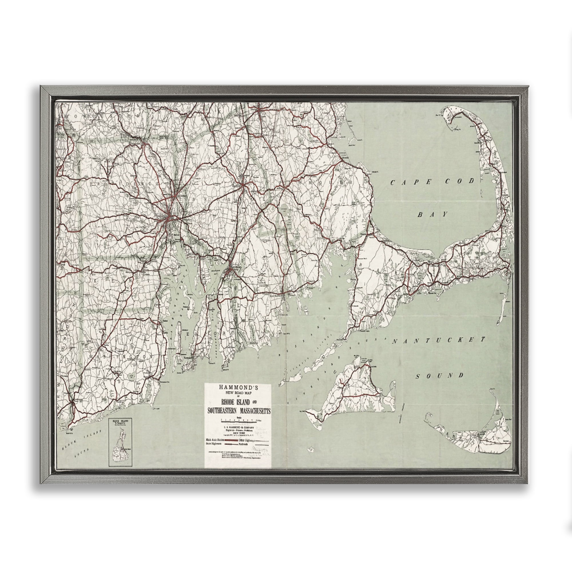 Stupell Industries Cape Cod & RI Map Cities & Countries Painting Gray Floater Framed Canvas Art Print Wall Art, 31 x 25