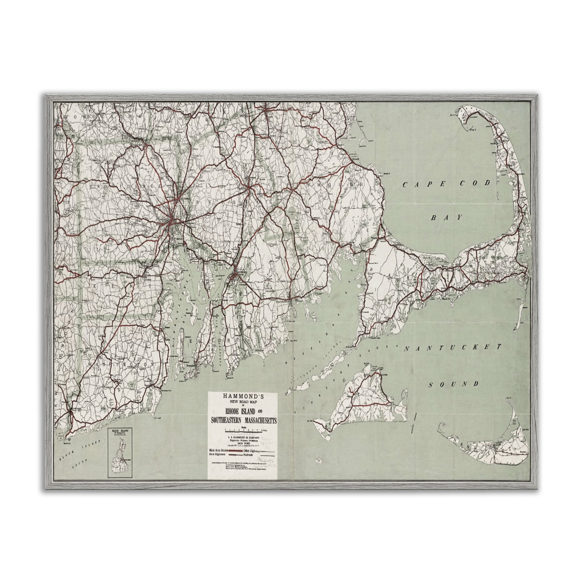 Stupell Industries Cape Cod & RI Map Cities & Countries Painting Gray Framed Art Print Wall Art, 20 x 16