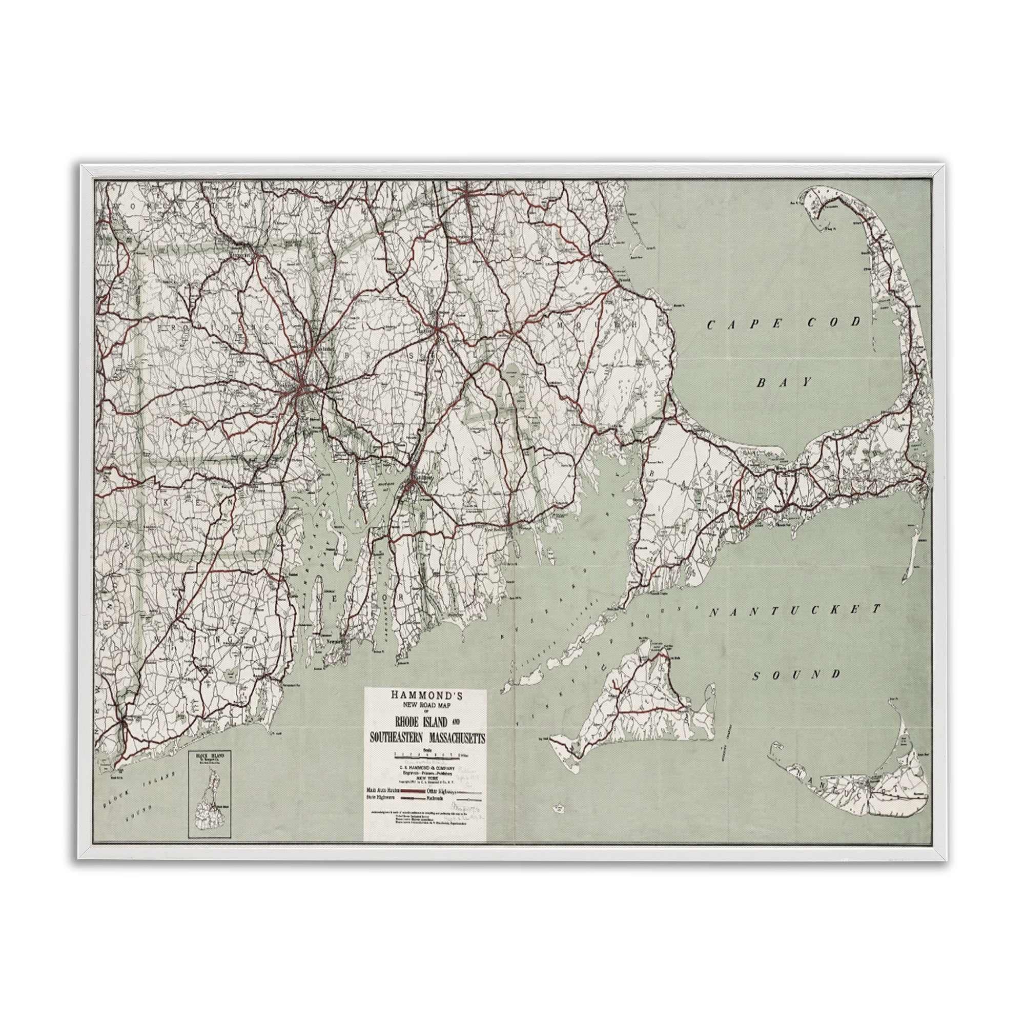 Stupell Industries Cape Cod & RI Map Cities & Countries Painting White Framed Art Print Wall Art, 20 x 16