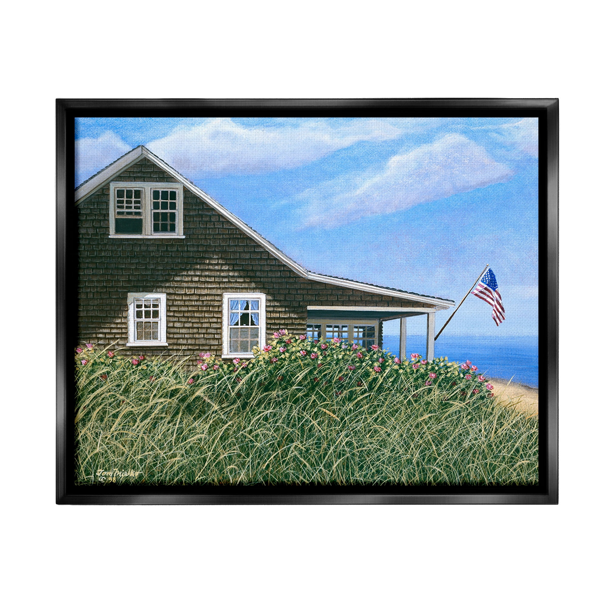 Stupell Industries Cape House with Flag Landscape Painting Black Floater Framed Canvas Art Print Wall Art, 31 x 25