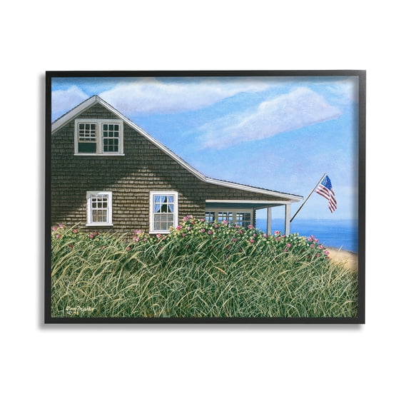 Stupell Industries Cape House with Flag Landscape Painting Black Framed Art Print Wall Art, 14 x 11