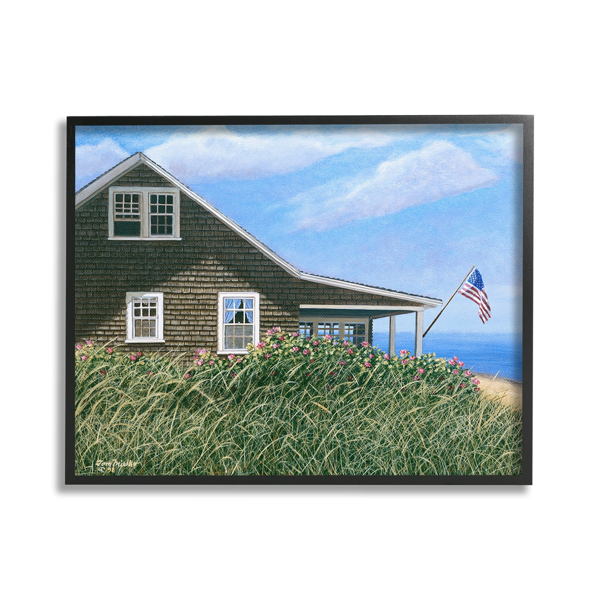 Stupell Industries Cape House with Flag Landscape Painting Black Framed Art Print Wall Art, 20 x 16