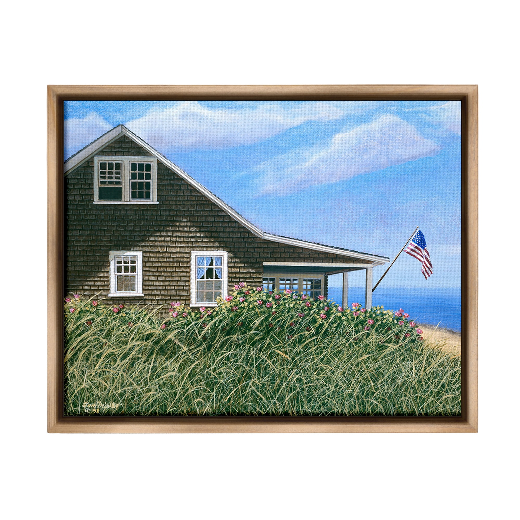 Stupell Industries Cape House with Flag Landscape Painting Brown Floater Framed Canvas Art Print Wall Art, 31 x 25