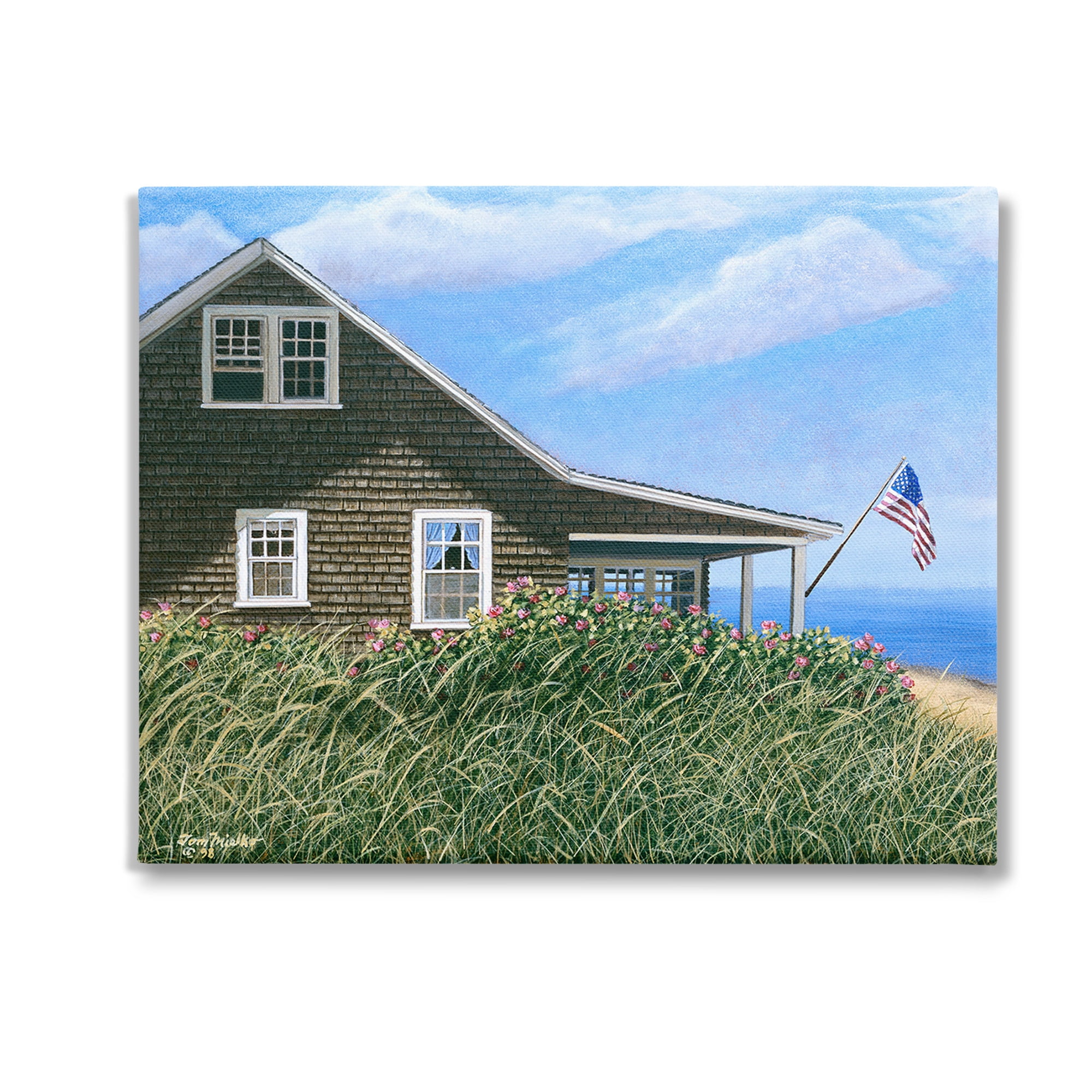 Stupell Industries Cape House with Flag Landscape Painting Gallery Wrapped Canvas Art Print Wall Art, 30 x 24