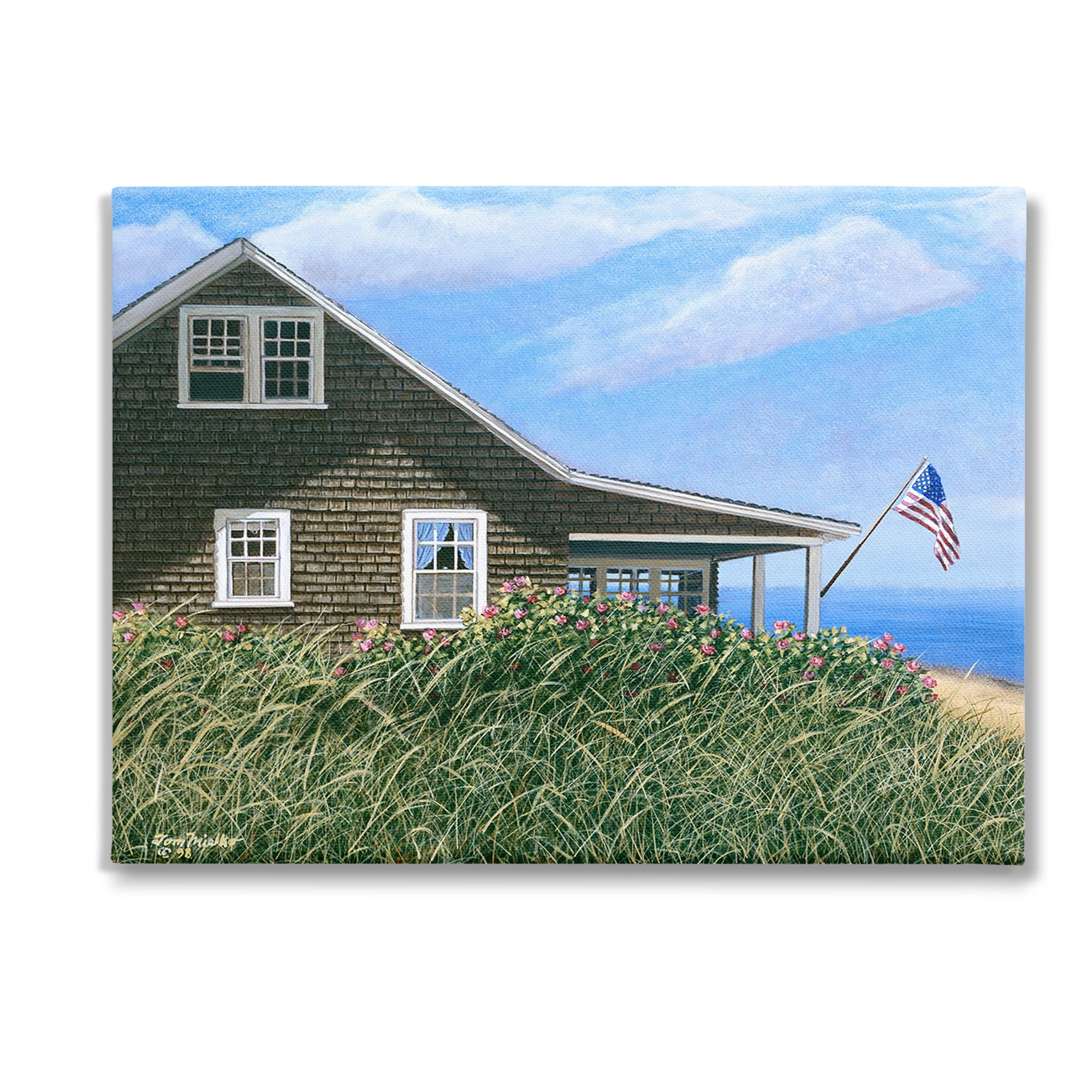 Stupell Industries Cape House with Flag Landscape Painting Gallery Wrapped Canvas Art Print Wall Art, 40 x 30