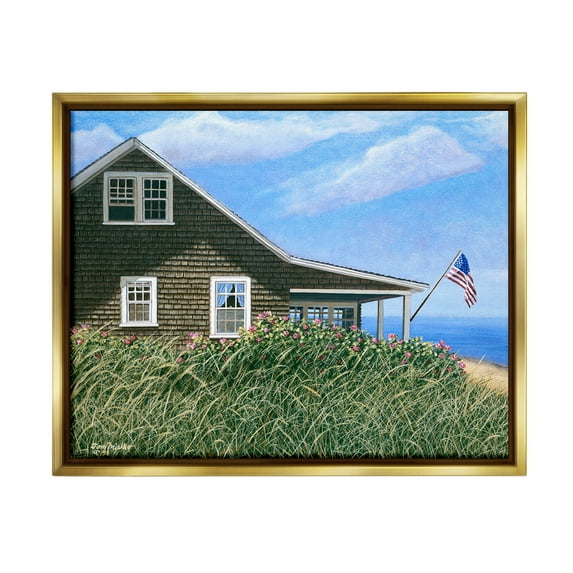 Stupell Industries Cape House with Flag Landscape Painting Gold Floater Framed Canvas Art Print Wall Art, 21 x 17