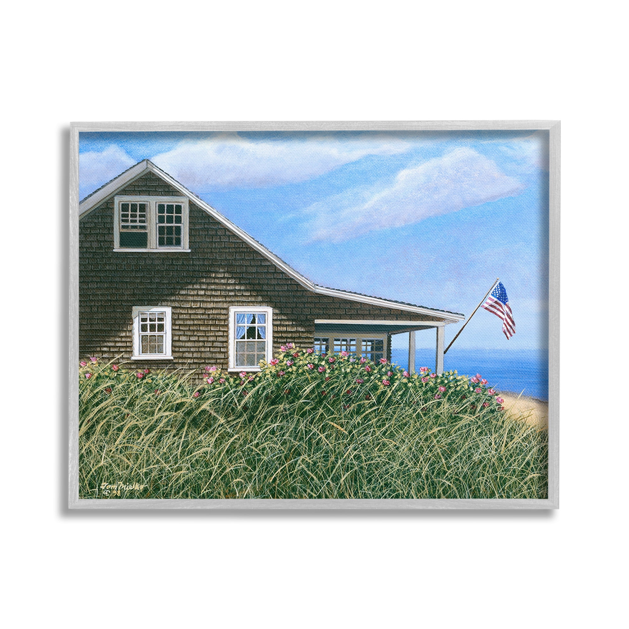 Stupell Industries Cape House with Flag Landscape Painting Gray Framed Art Print Wall Art, 20 x 16
