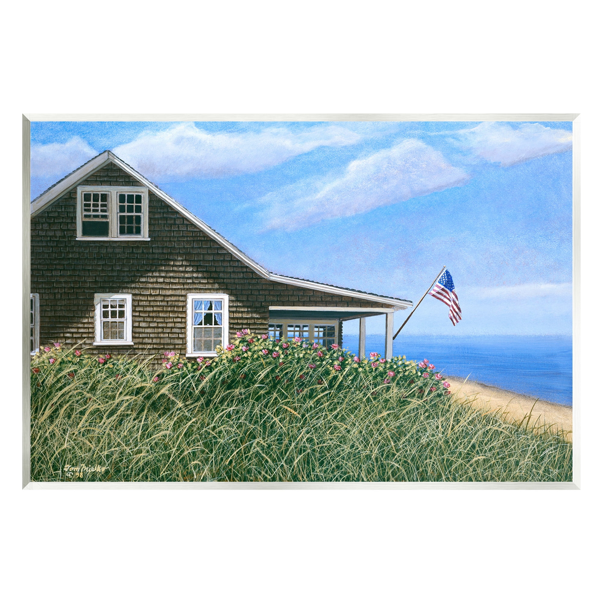 Stupell Industries Cape House with Flag Landscape Painting Unframed Art Print Wall Art, 15 x 10