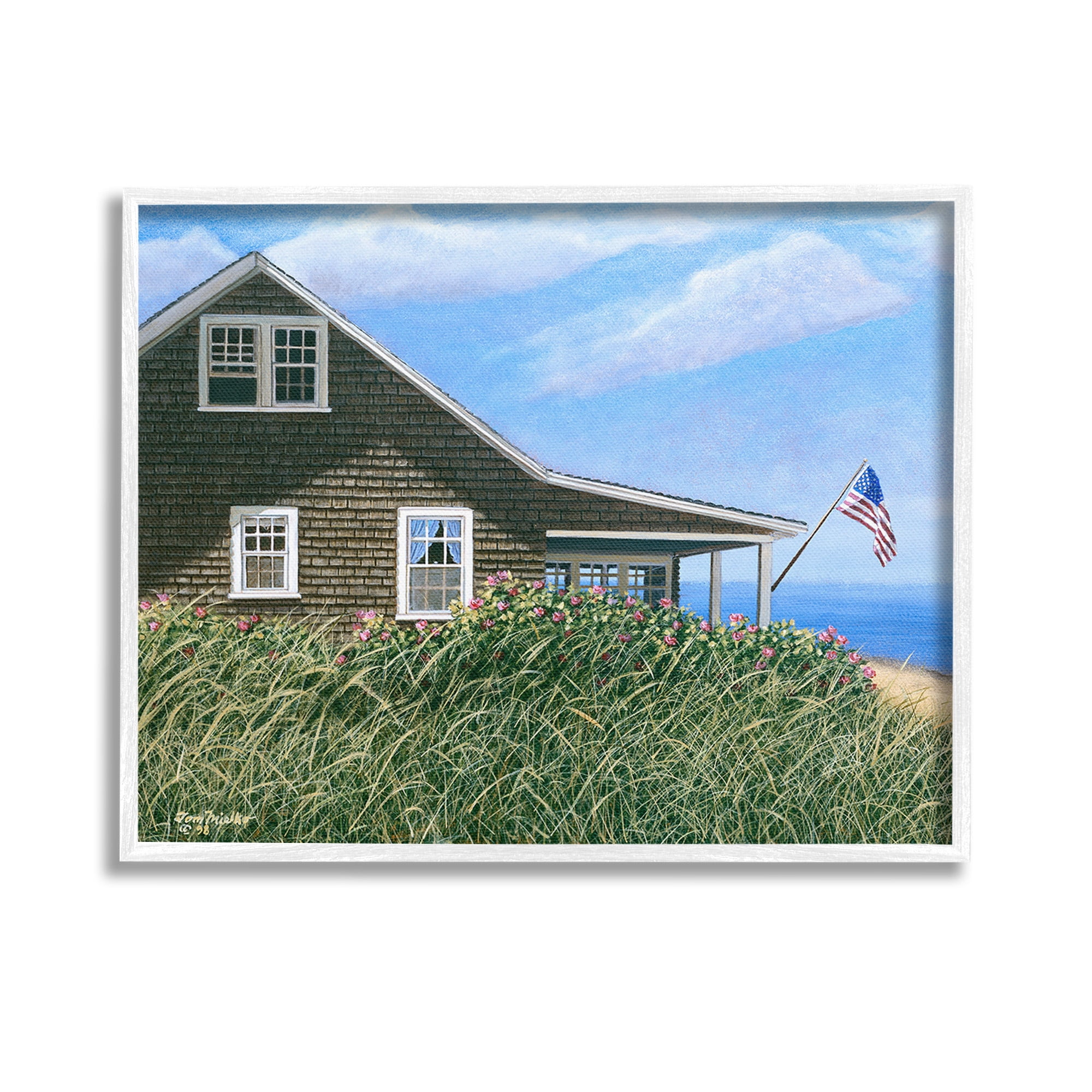 Stupell Industries Cape House with Flag Landscape Painting White Framed Art Print Wall Art, 14 x 11