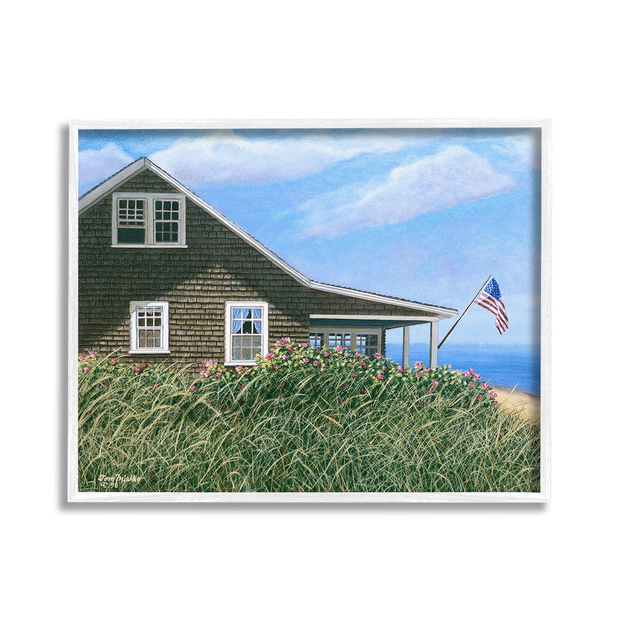 Stupell Industries Cape House with Flag Landscape Painting White Framed Art Print Wall Art, 20 x 16