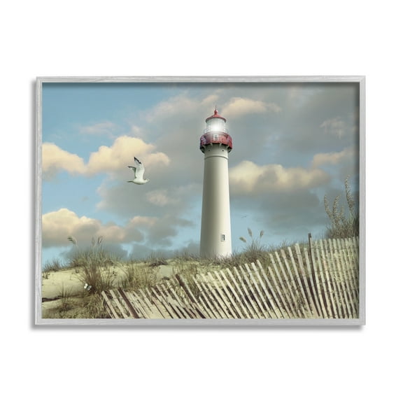 Stupell Industries Cape May Sand Dune Fence Lighthouse Beach Scene with Seagull Graphic Art Gray Framed Art Print Wall Art, 11x14, by Alan Giana & Company