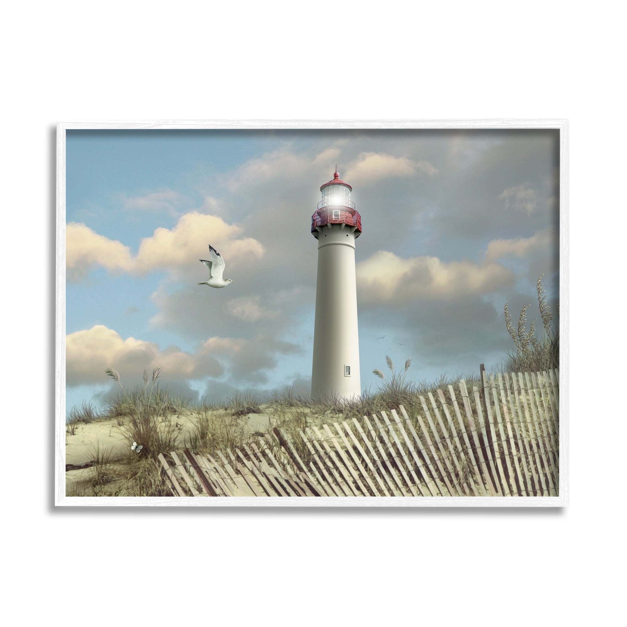 Stupell Industries Cape May Sand Dune Fence Lighthouse Beach Scene with Seagull Graphic Art White Framed Art Print Wall Art, 16x20, by Alan Giana & Company