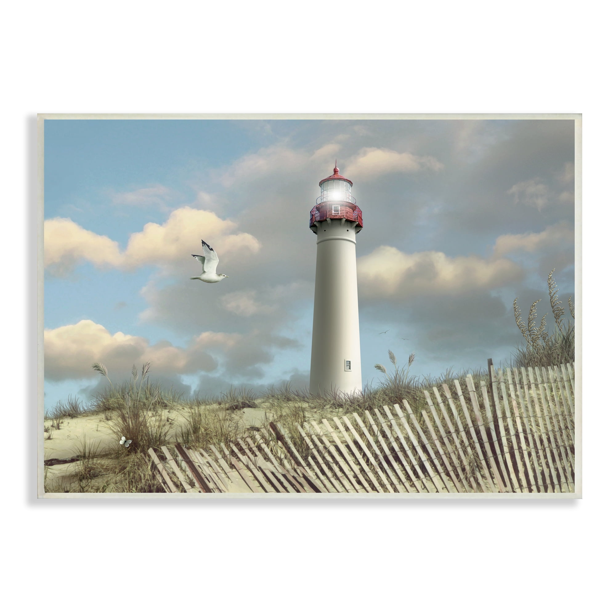 Stupell Industries Cape May Sand Dune Fence Lighthouse Beach Scene with Seagull, 13 x 19,Design by Alan Giana & Company