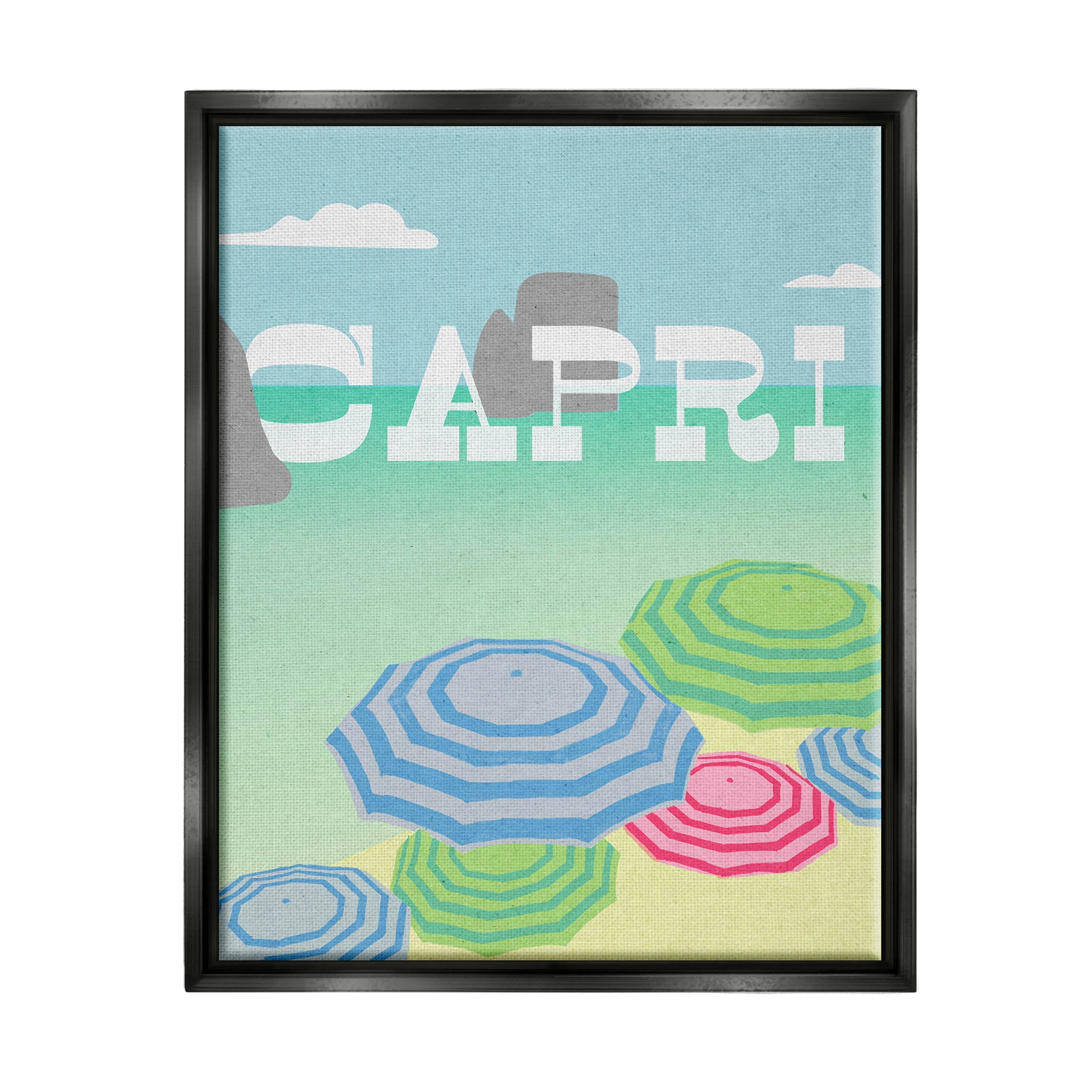 Stupell Industries Capri Beach Shore Umbrellas Graphic Art Jet Black Floating Framed Canvas Print Wall Art, Design by Lil' Rue