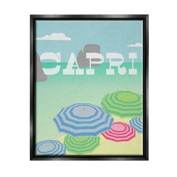 Stupell Industries Capri Beach Shore Umbrellas Graphic Art Jet Black Floating Framed Canvas Print Wall Art, Design by Lil' Rue