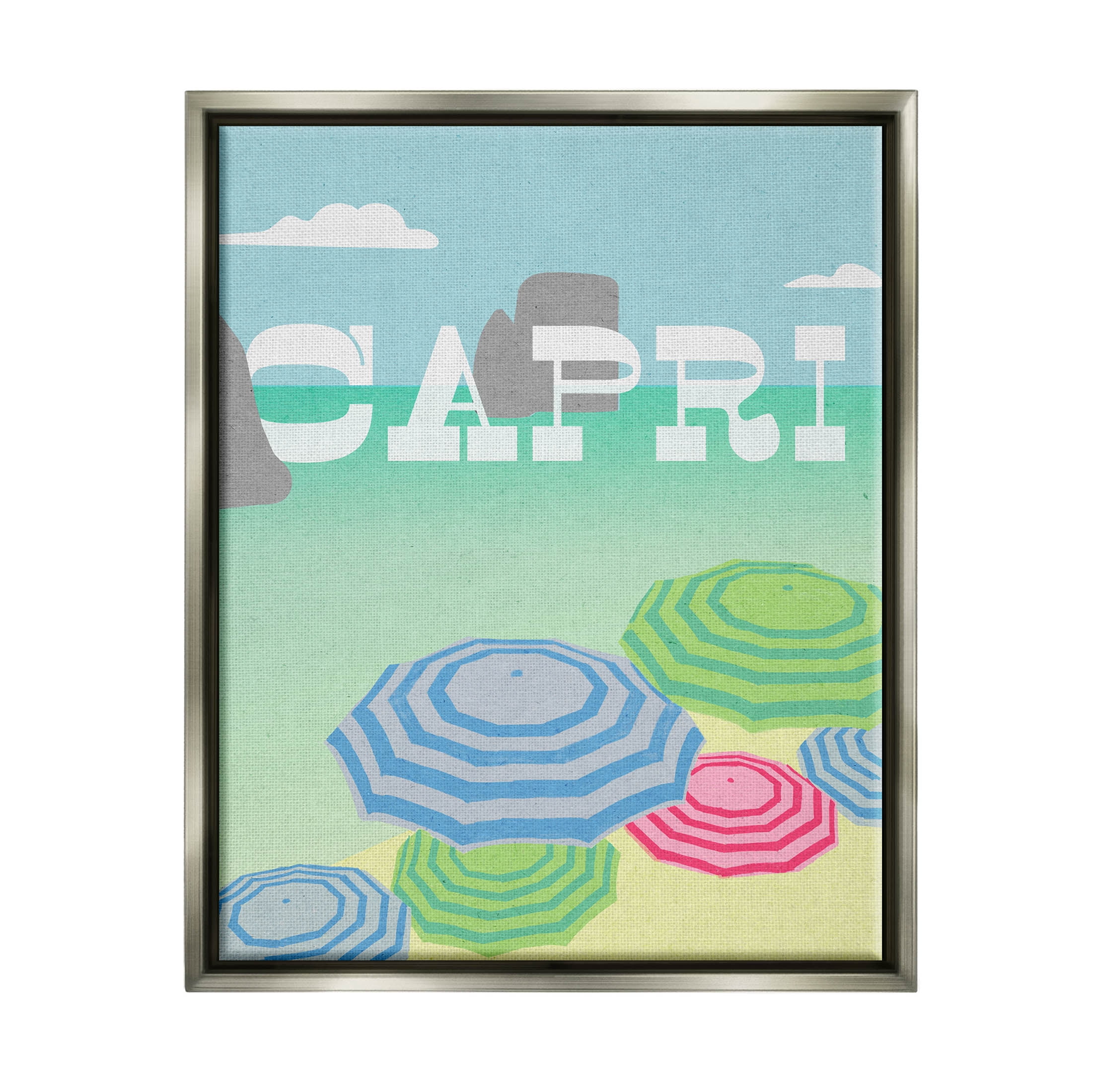 Stupell Industries Capri Beach Shore Umbrellas Graphic Art Luster Gray Floating Framed Canvas Print Wall Art, Design by Lil' Rue