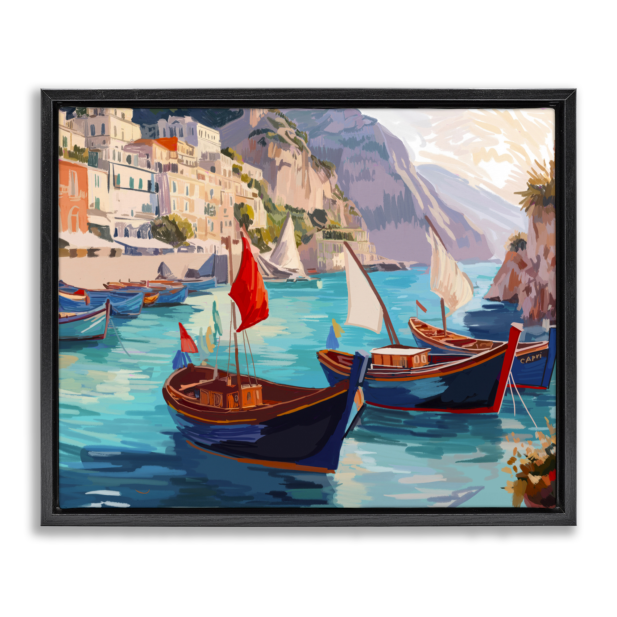 Stupell Industries Capri Boat Marina View Nautical & Beach Painting Black Floater Framed Canvas Art Print Wall Art, 31 x 25