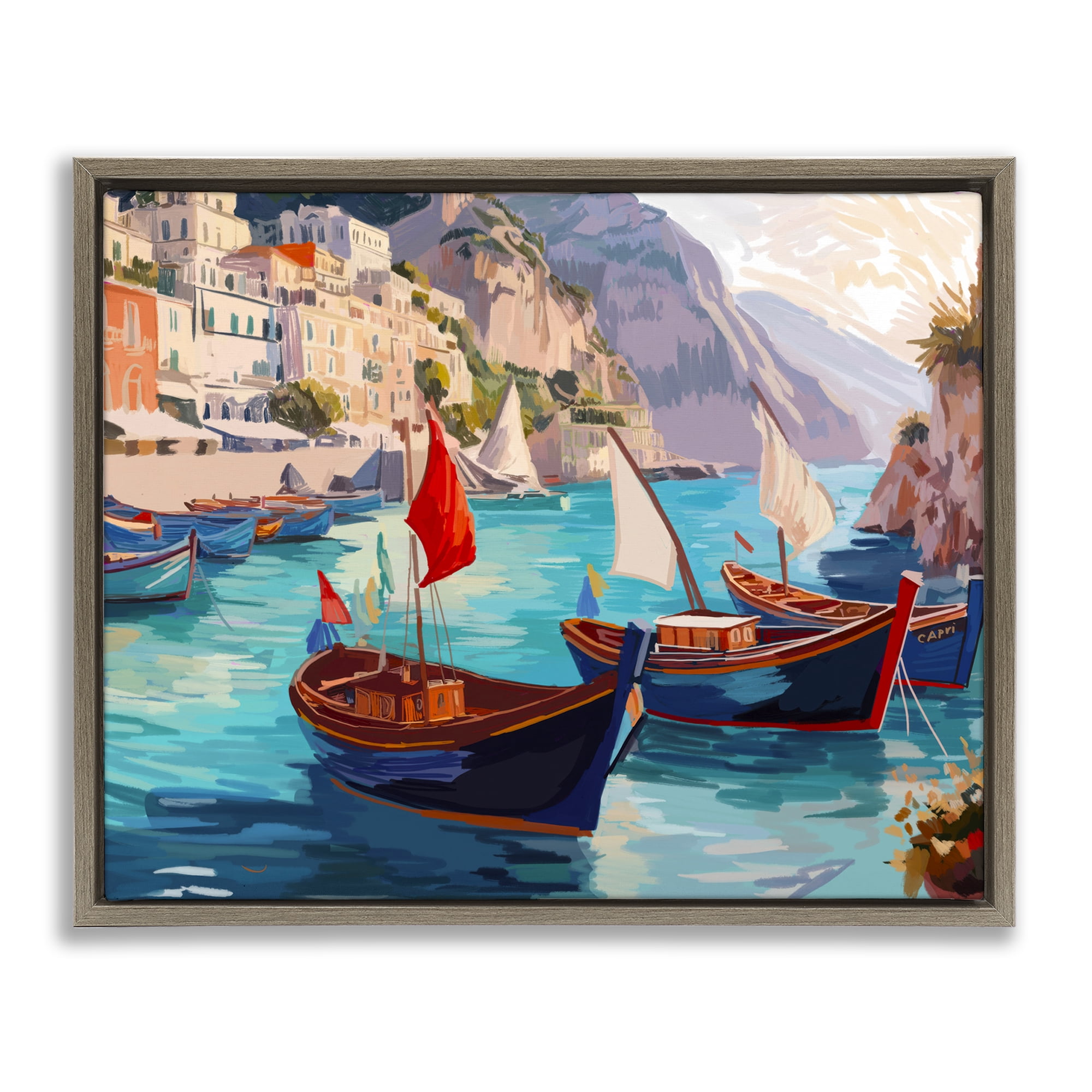 Stupell Industries Capri Boat Marina View Nautical & Beach Painting Brown Floater Framed Canvas Art Print Wall Art, 21 x 17