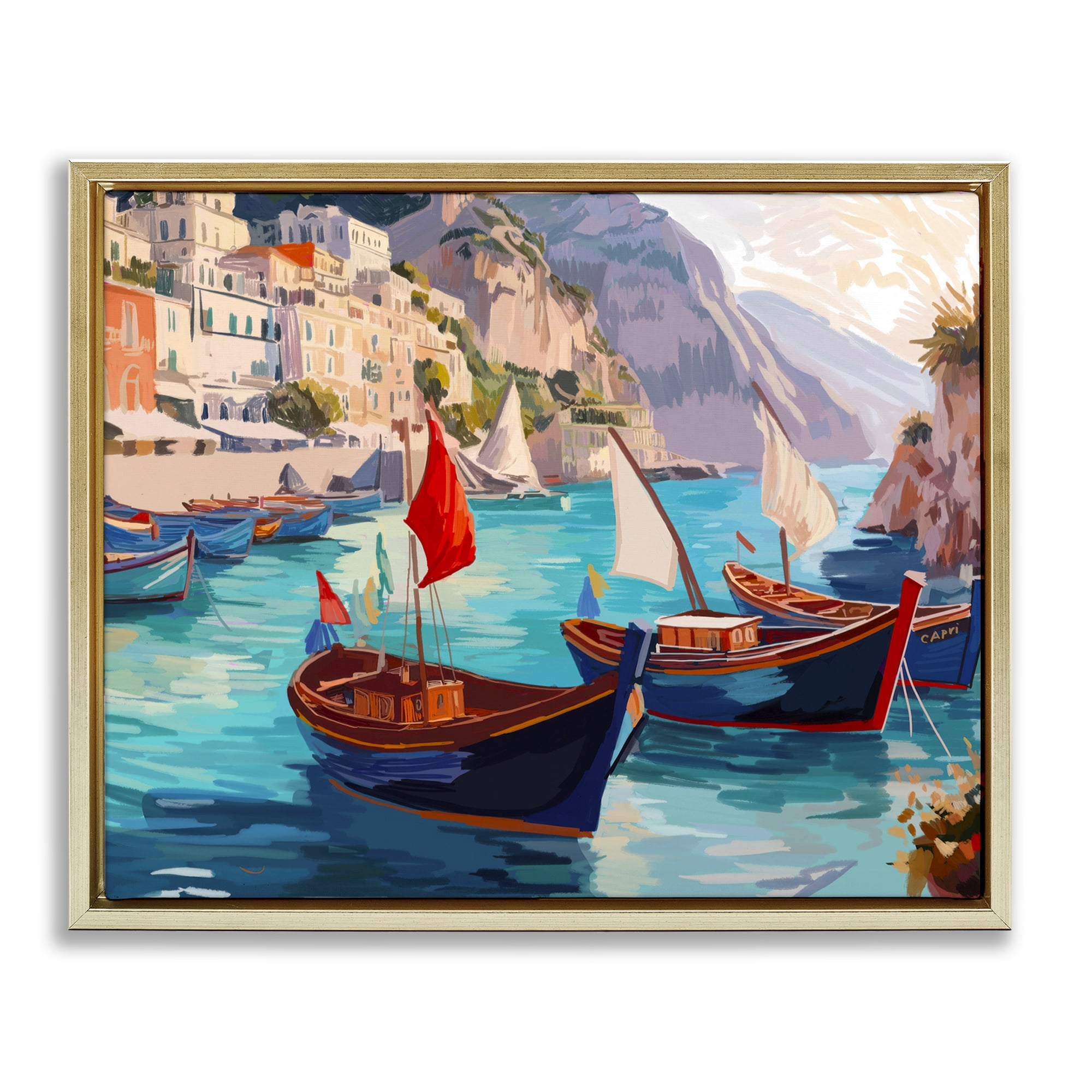Stupell Industries Capri Boat Marina View Nautical & Beach Painting Gold Floater Framed Canvas Art Print Wall Art, 21 x 17