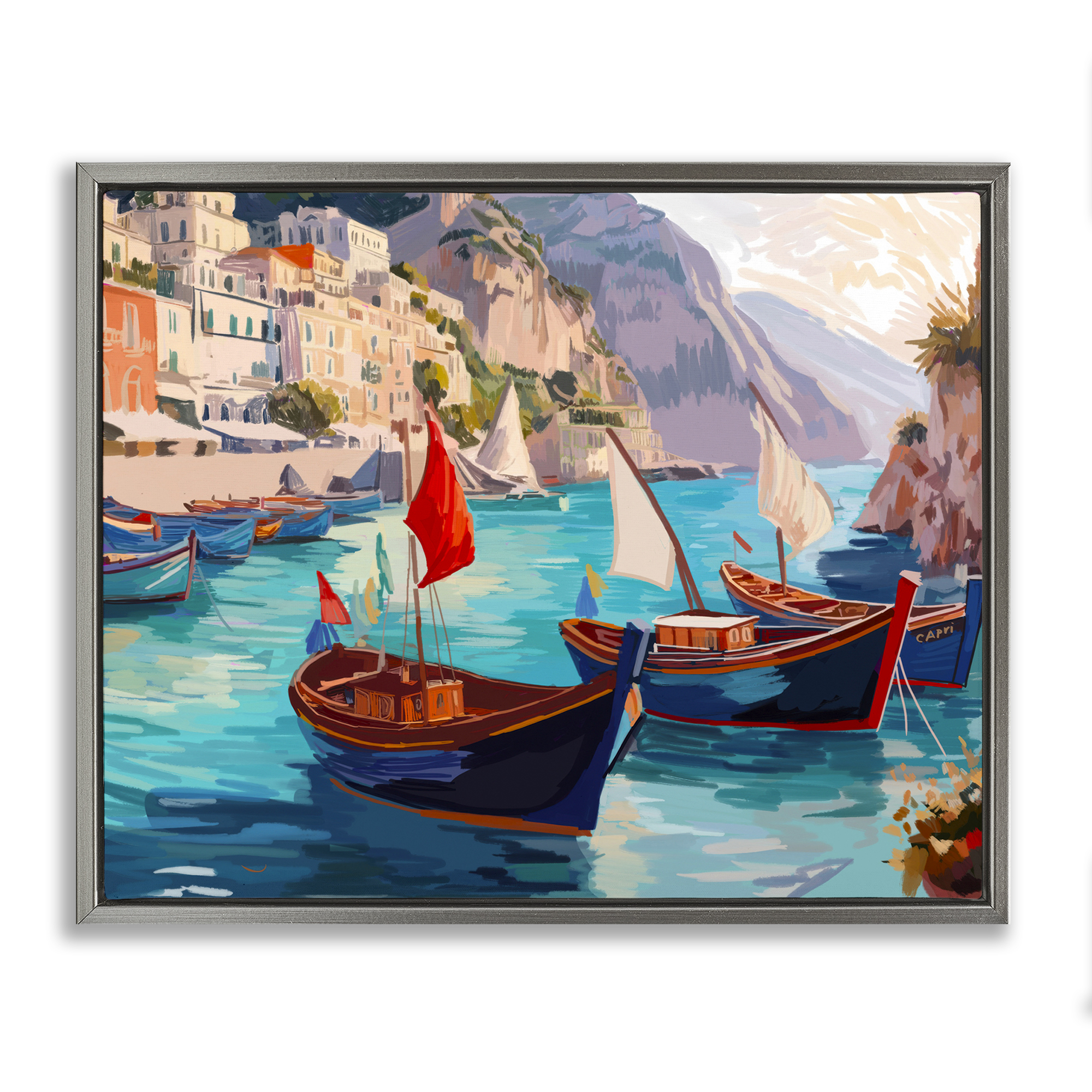 Stupell Industries Capri Boat Marina View Nautical & Beach Painting Gray Floater Framed Canvas Art Print Wall Art, 31 x 25