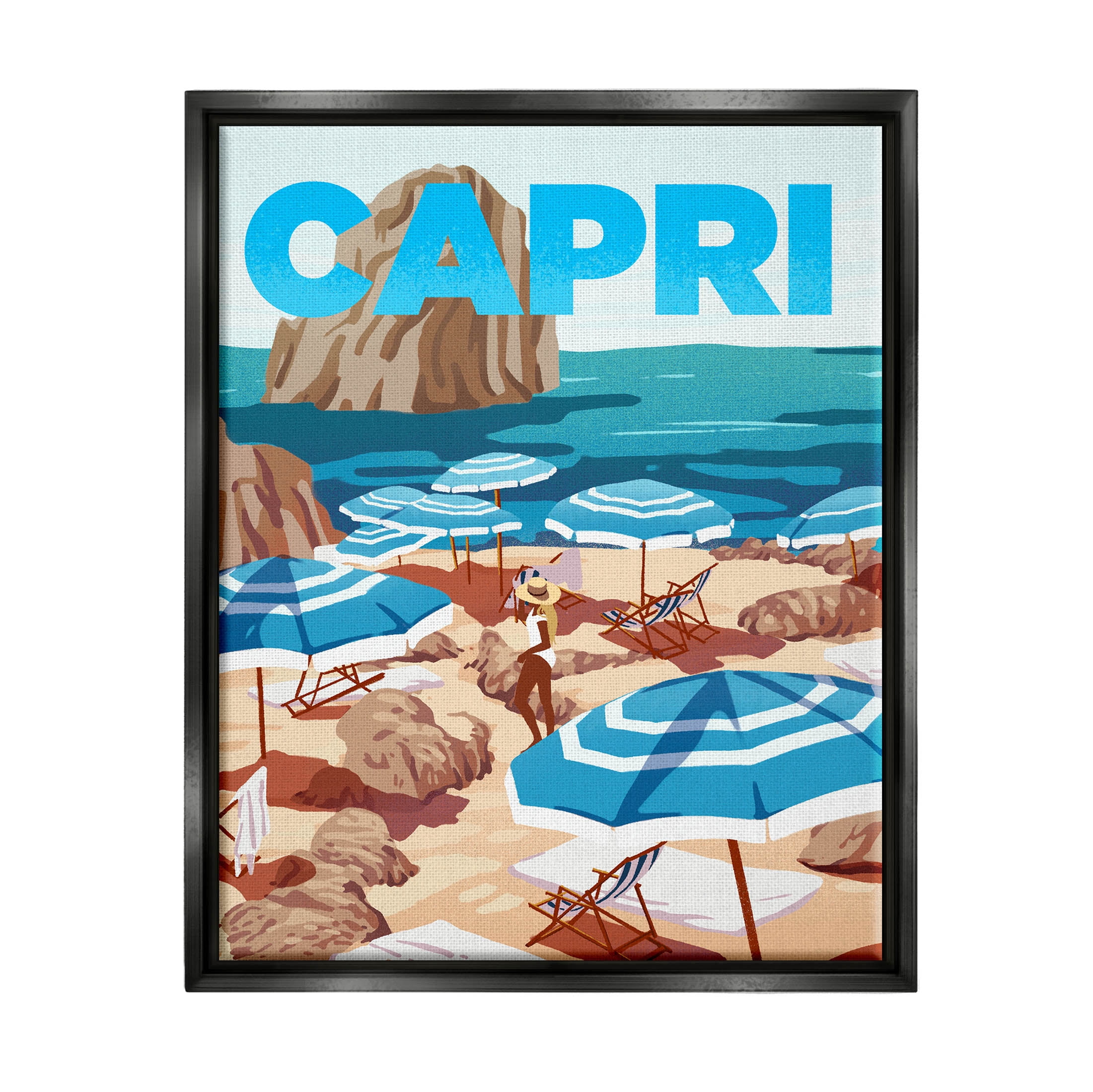Stupell Industries Capri Italian Summer Beach Island Graphic Art Jet Black Floating Framed Canvas Print Wall Art, Design by Ziwei Li