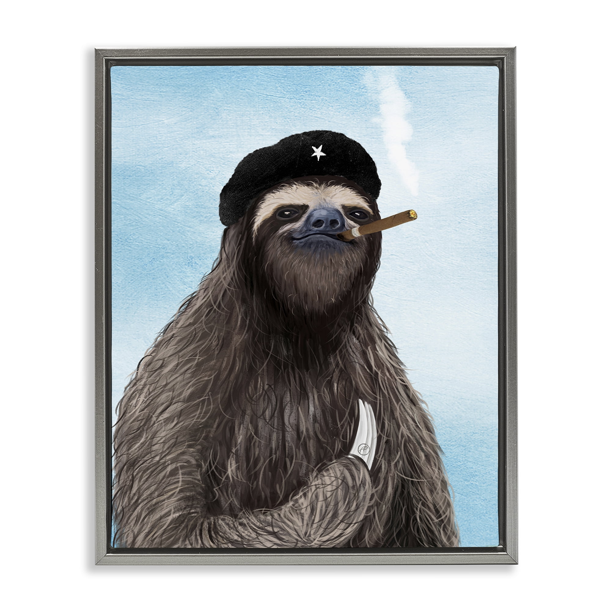 Stupell Industries Captain Sloth & Cigar Novelty & Humor Painting Gray Floater Framed Canvas Art Print Wall Art, 25 x 31