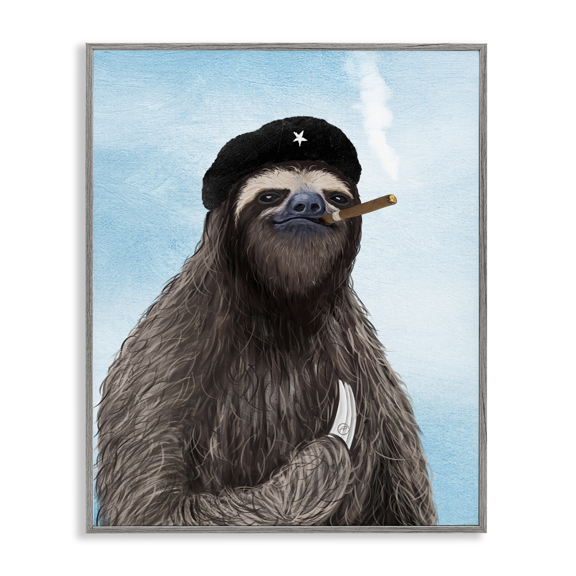 Stupell Industries Captain Sloth & Cigar Novelty & Humor Painting Gray Framed Art Print Wall Art, 11 x 14