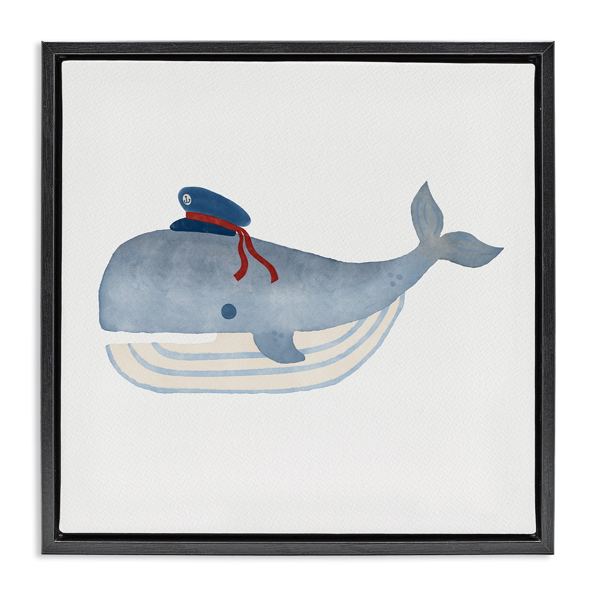 Stupell Industries Captain Whale with Hat Animals Painting Black Floater Framed Canvas Art Print Wall Art, 18 x 18