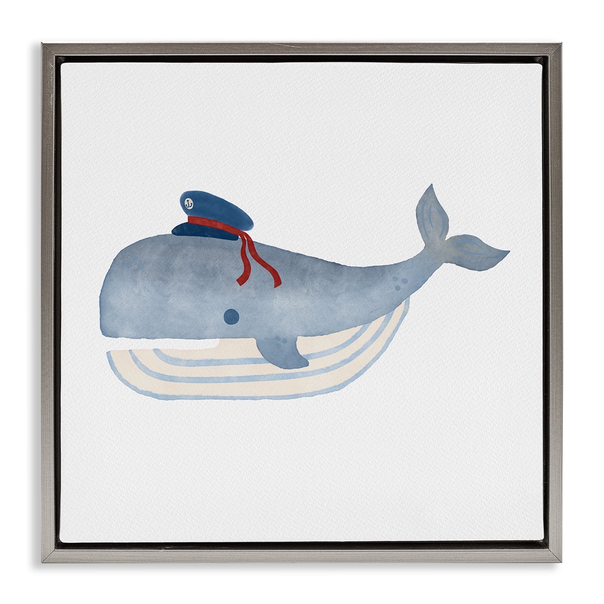 Stupell Industries Captain Whale with Hat Animals Painting Gray Floater Framed Canvas Art Print Wall Art, 18 x 18