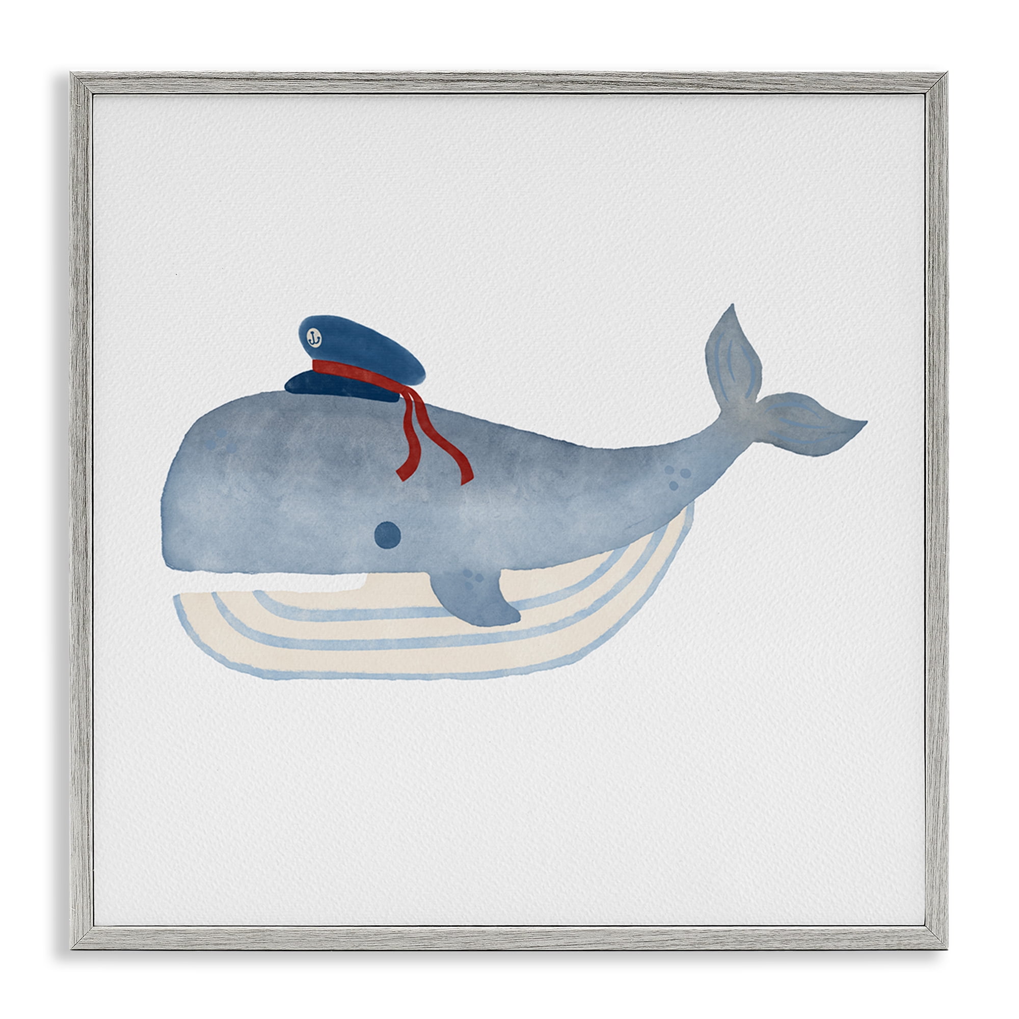 Stupell Industries Captain Whale with Hat Animals Painting Gray Framed Art Print Wall Art, 24 x 24