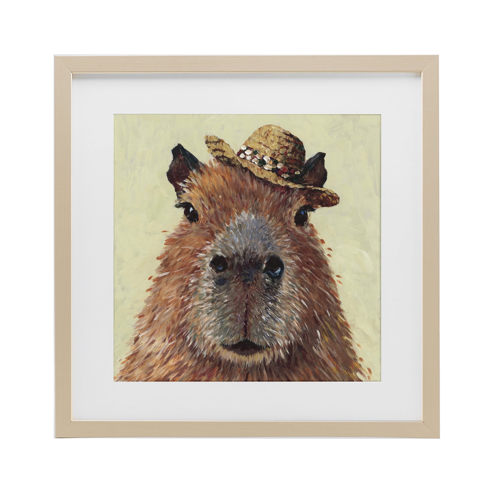 Stupell Industries Capybara with Straw Hat Birch Framed Print Under Glass, design by Studio Bautista