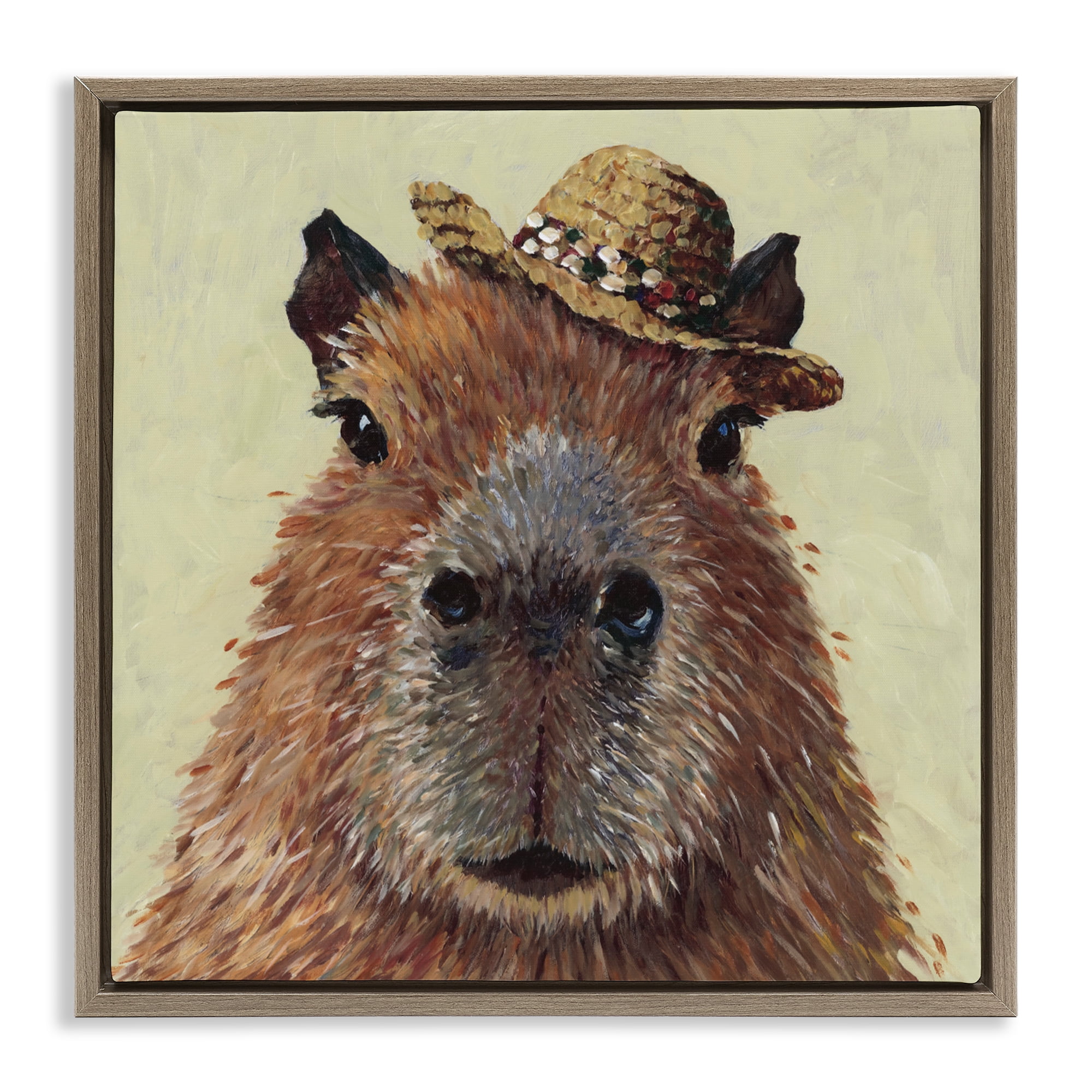 Stupell Industries Capybara with Straw Hat Brown Framed Floater Canvas Wall Art, design by Studio Bautista