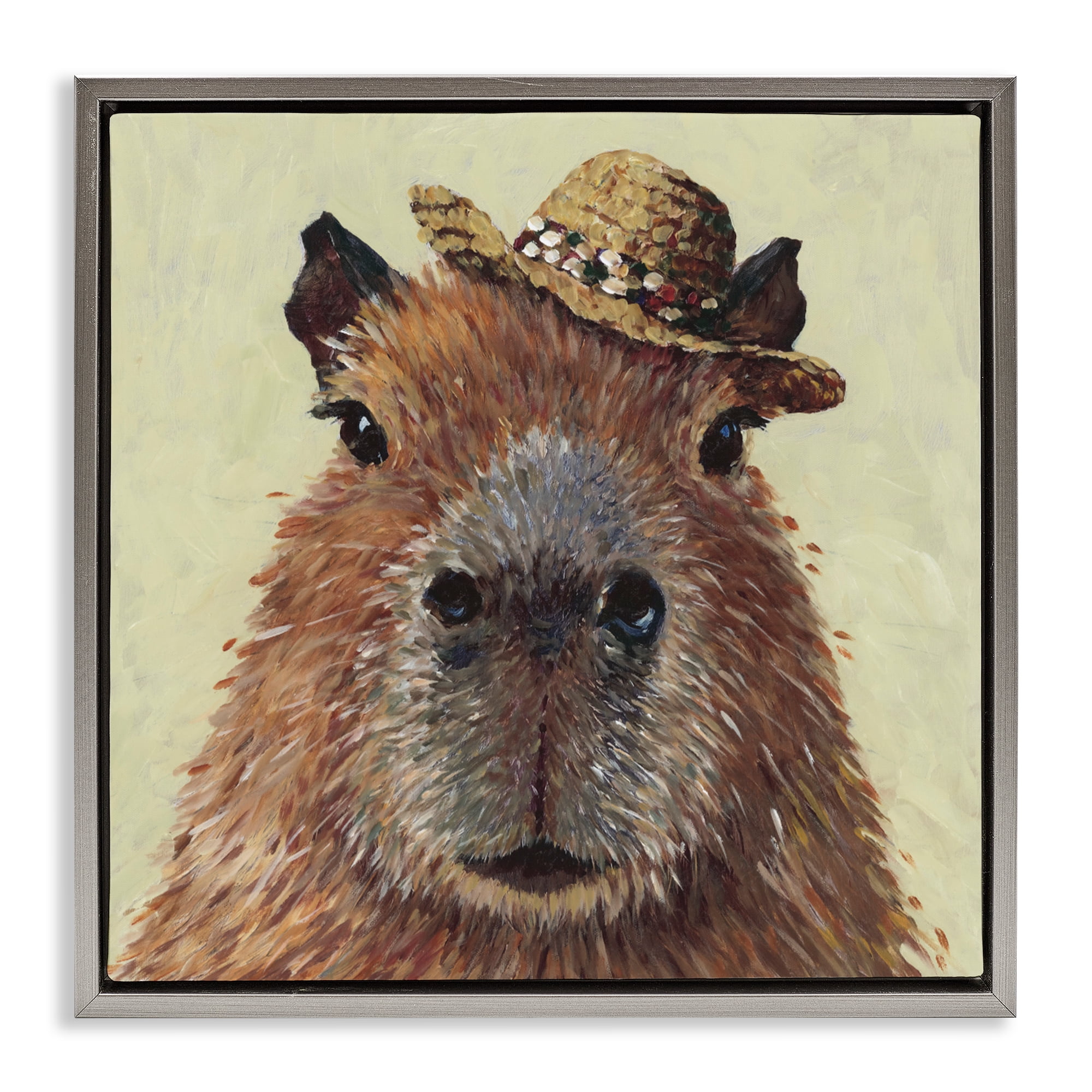 Stupell Industries Capybara with Straw Hat Gray Framed Floater Canvas Wall Art, design by Studio Bautista