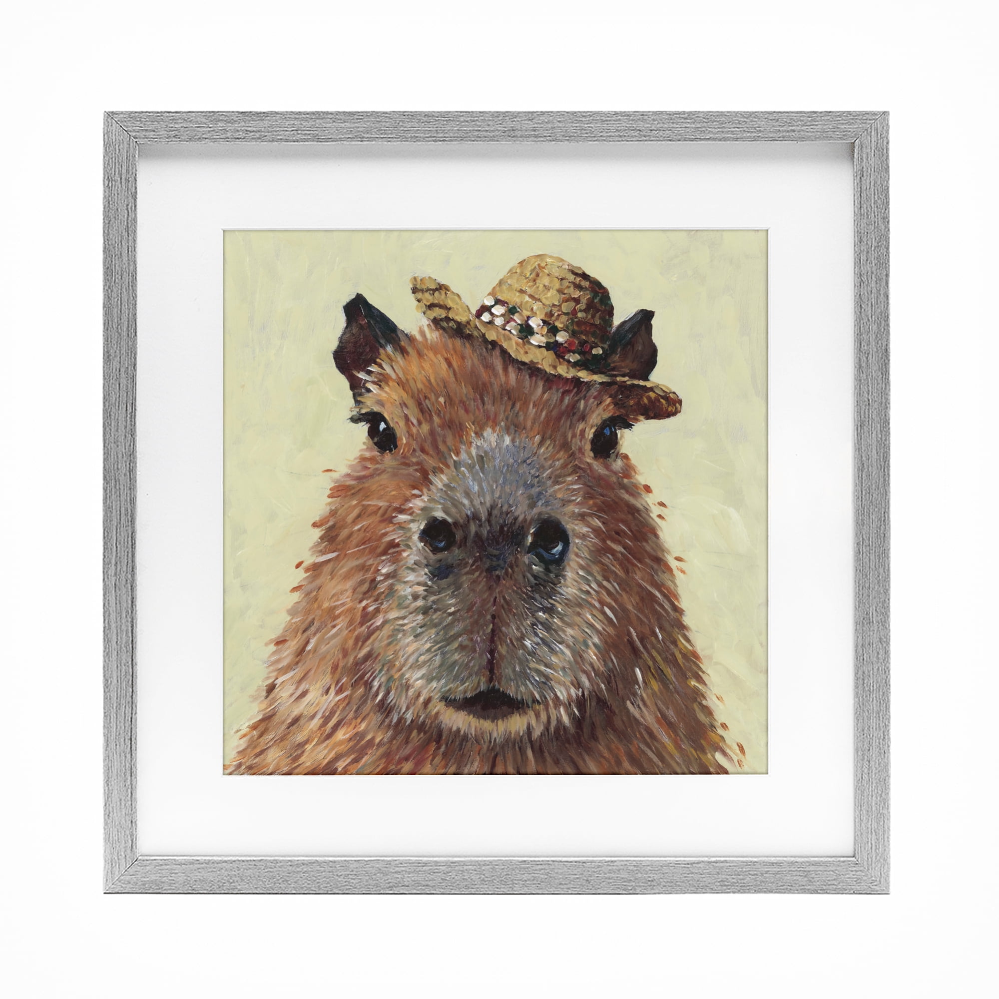 Stupell Industries Capybara with Straw Hat Gray Framed Print Under Glass, design by Studio Bautista