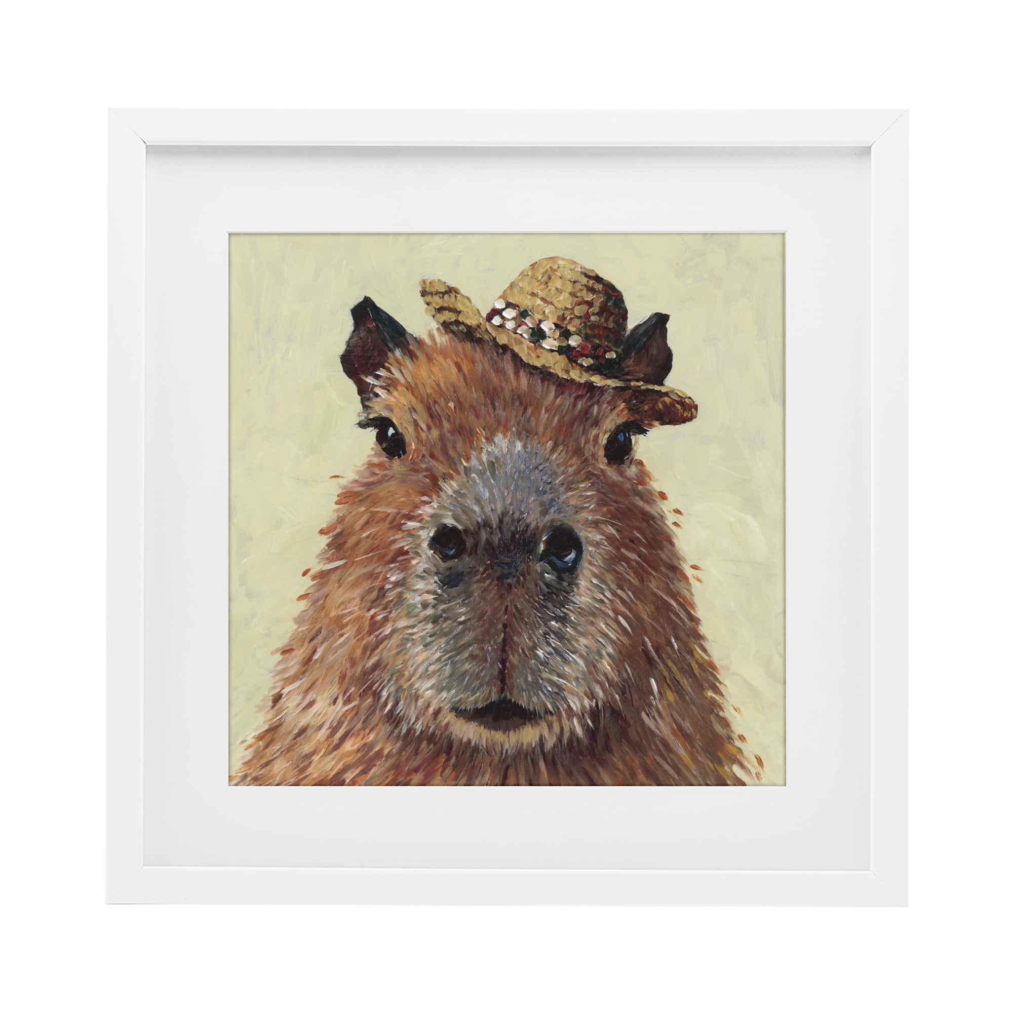 Stupell Industries Capybara with Straw Hat White Framed Print Under Glass, design by Studio Bautista