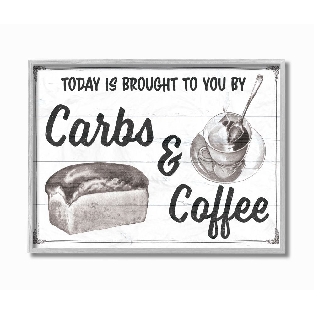 Stupell Industries Carbs and Coffee Kitchen Humor Rustic Word Design Graphic Art Gray Framed Art Print Wall Art, 11x14, by The Saturday Evening Post
