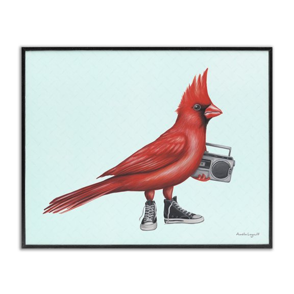 Stupell Industries Contemporary Cardinal Bird Black Sneakers Retro Boombox Illustration Black Framed Giclee Art, 14 x 11, by Amelie Legault