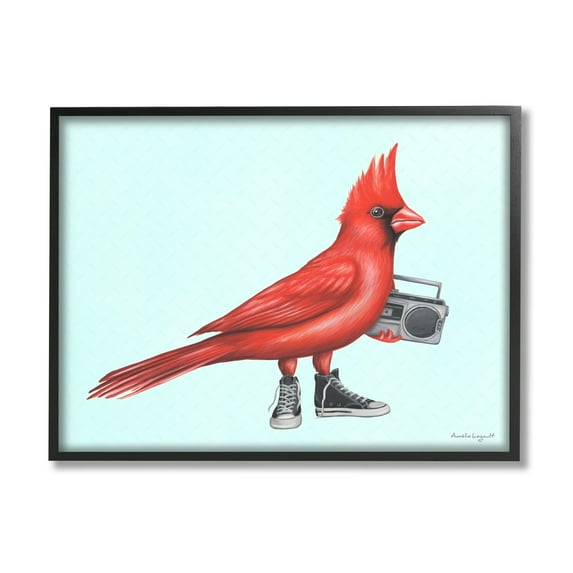 Stupell Industries Cardinal Bird Black Sneakers Retro Boombox Illustration Graphic Art Black Framed Art Print Wall Art, Design by Amelie Legault