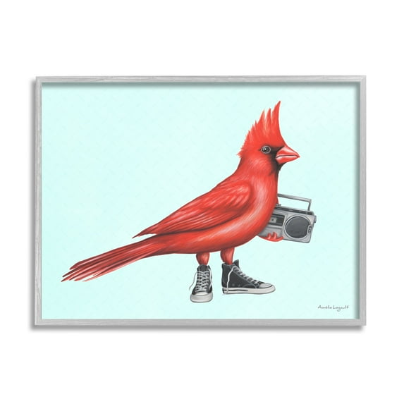 Stupell Industries Cardinal Bird Black Sneakers Retro Boombox Illustration Graphic Art Gray Framed Art Print Wall Art, Design by Amelie Legault
