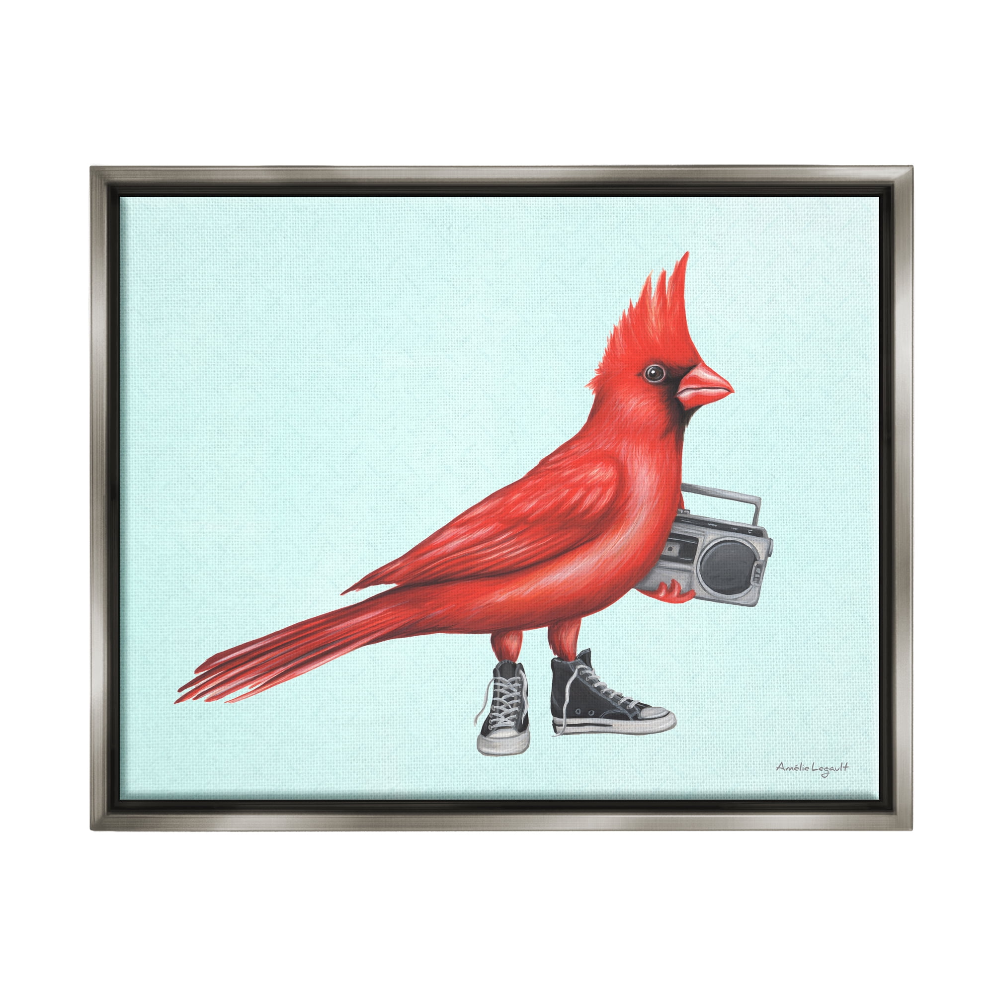 Stupell Industries Cardinal Bird Black Sneakers Retro Boombox Illustration Graphic Art Luster Gray Floating Framed Canvas Print Wall Art, Design by Amelie Legault