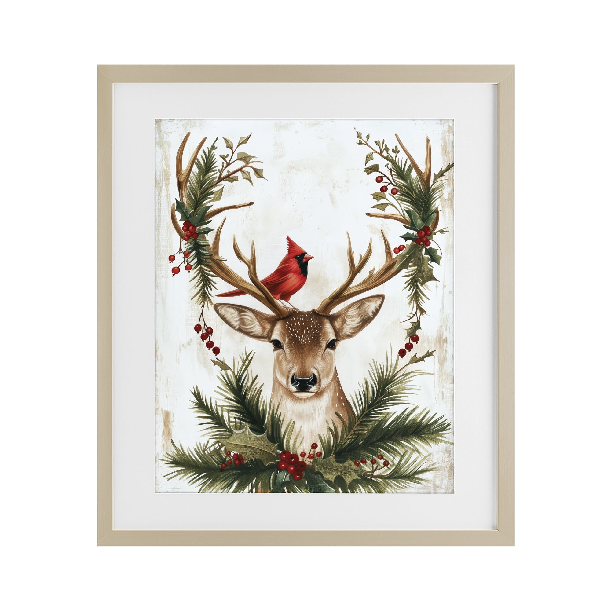 Stupell Industries Cardinal & Deer with Festive Flora Birch Framed Print Under Glass, design by Acorn & Ivory Designs